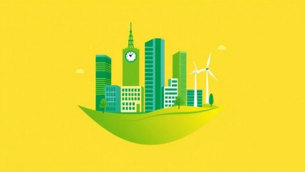 Minimalistic green cityscape on yellow background depicting business strategy.