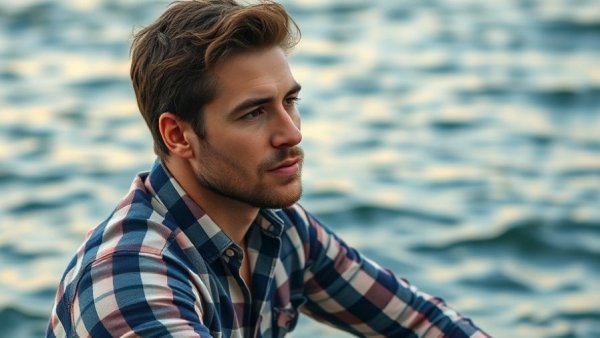 Thoughtful man by ocean, deep in constant problem-solving in life.