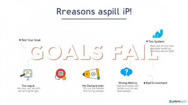 Illustration of reasons goals fail with icons explaining six factors: vague goals, no system, wrong metrics, no obstacle plan, not your goal, and bad environment.