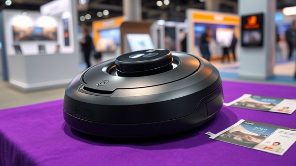 Sleek robot vacuum at tech exhibition showcasing object avoidance technology.