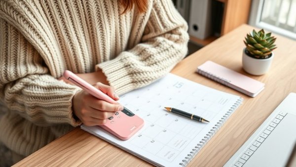Person creating a people-centric calendar on desk with pink phone