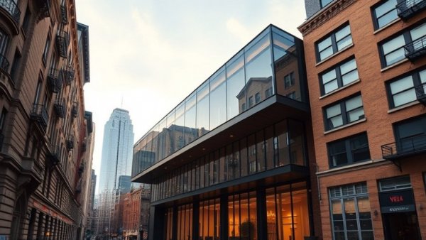 Modern cantilevered architecture in Brooklyn at sunset