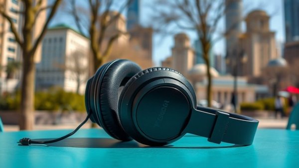 TDM Neo headphones in an urban park setting on a turquoise table.