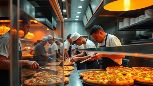 Pizzeria staff showcasing teamwork and focus, illustrating business growth.