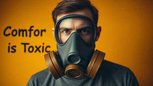 Embracing discomfort in leadership with person in a gas mask, mustard background.