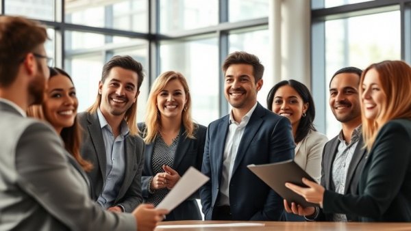 Professionals discussing business growth in a modern office.
