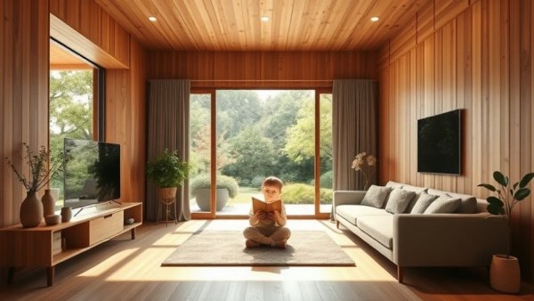 Minimalist living room in natural wood design with indoor-outdoor flow.