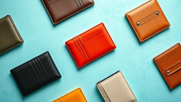 Varied minimalist wallets displayed on a turquoise background.