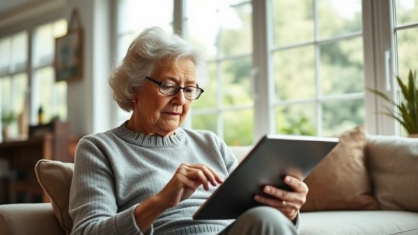 Elderly woman using a tablet in a bright living room, highlighting a safety app for people living alone.