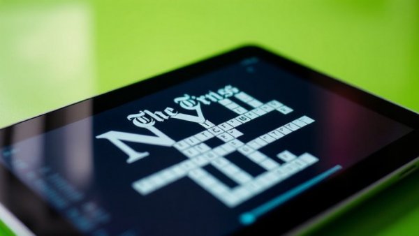 Close-up of NYT Mini Crossword on tablet with green background.