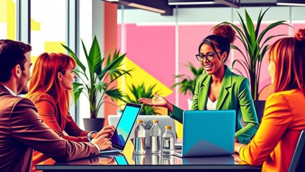 Energetic woman presenting on business growth in vibrant office.