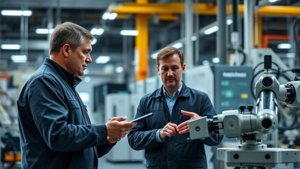 Industrial professionals discuss robotics and business strategy in factory.