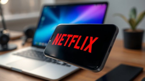 Close-up of smartphone with Netflix logo, laptop in background.