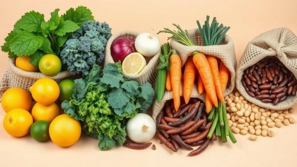Colorful produce in mesh bags emphasizing fiber for long-term health.