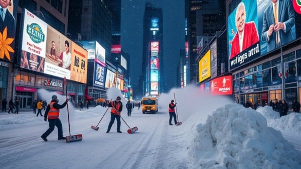 Snow clearing in city during winter storm, showcasing business growth opportunities.