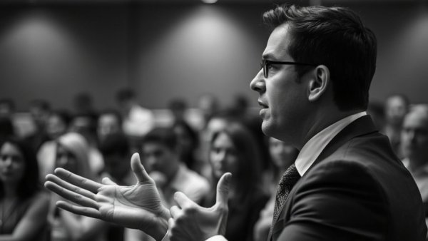 Businessman passionately speaking about business growth in black and white.
