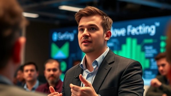 Confident speaker at tech conference, discussing business growth.