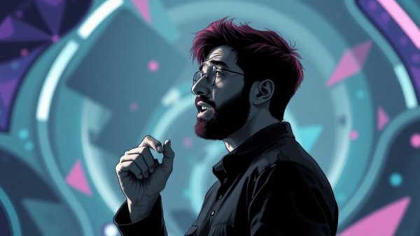 Monochrome illustration of a man speaking, futuristic design.