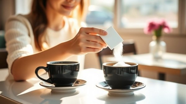 Woman adding sugar to coffee in a cafe, highlighting natural sugar alternatives.