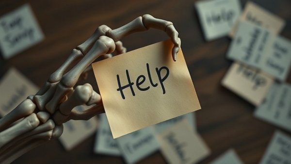 Skeleton hand holding note symbolizing self-imposed stress in leadership.