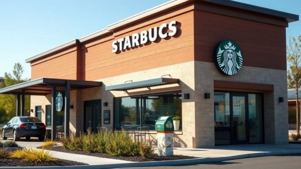 Starbucks store exterior and drive-thru on a sunny day