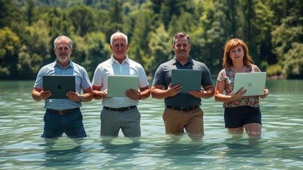 Two individuals with laptops standing in water, symbolizing business growth.
