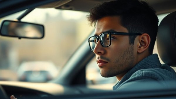 Young man wearing glasses in car, contemplating, highlighting nighttime driving glasses effectiveness.