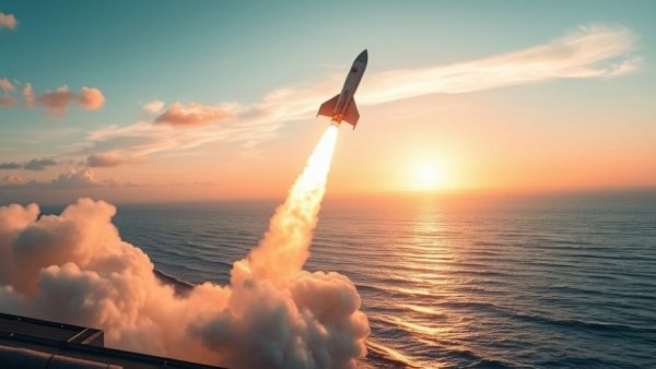Rocket launching over coastal landscape at dawn with shimmering water.