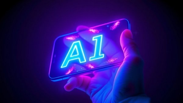 Glowing hand holding smartphone with 'AI', showcasing AI transcription models for speed and privacy.