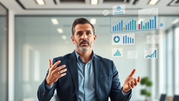 Man explaining marketing strategies with virtual graphics in an office.