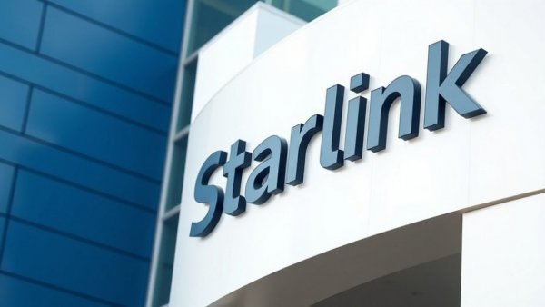 Starlink sign on modern building exterior under clear sky.