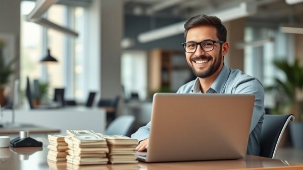 Man with laptop and money stacks, selling AI tools concept.