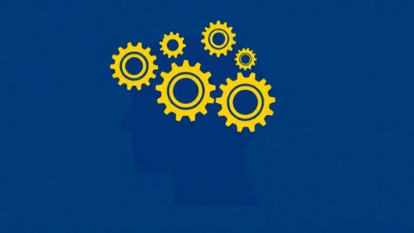 Abstract illustration symbolizing business growth with gears inside a head silhouette.