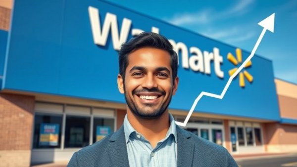 Business growth illustrated with Walmart storefront and graph overlay.