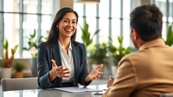 Confident businesswoman leading a meeting in a modern office, exemplifying business growth.