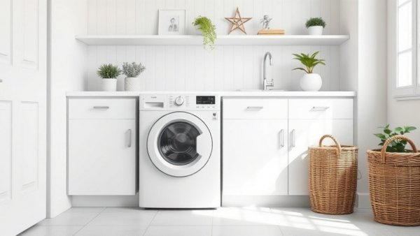 Modern laundry room with front-load washer and white cabinetry.