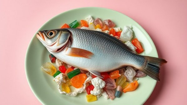 Fish with microplastics on plate highlighting contamination in food.