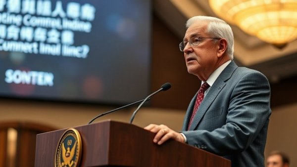 Speaker at conference podium delivering formal address on business growth.