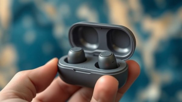 Close-up of sleek gray noise-canceling earbuds in a hand, abstract background.
