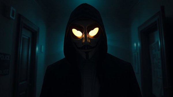 Masked figure with glowing hearts in dim light for Valentine's Day horror rom-com.