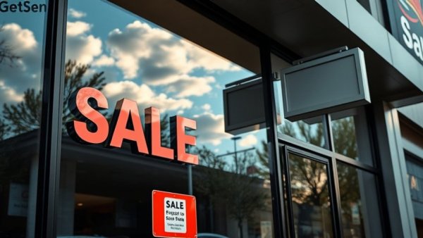 Modern storefront showcasing business growth with a sale sign.