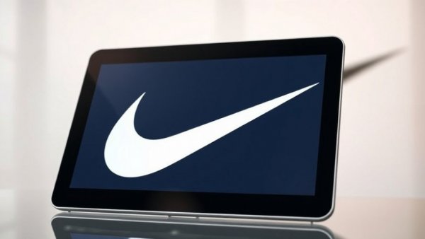 Nike logo on tablet with swoosh background, modern tech theme.