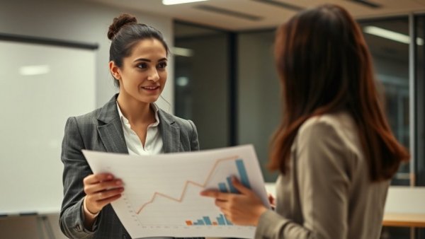 Businesswoman discussing growth graph in office meeting.