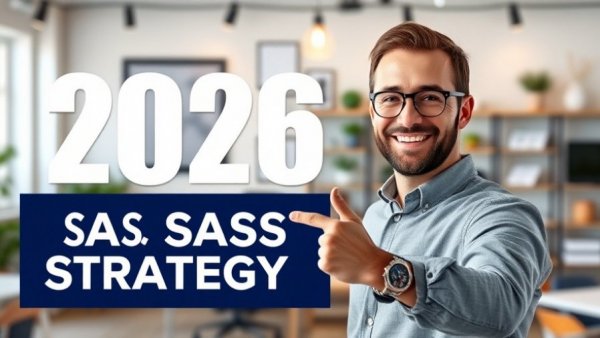 2026 SaaS strategy highlighted, smiling individual in office.