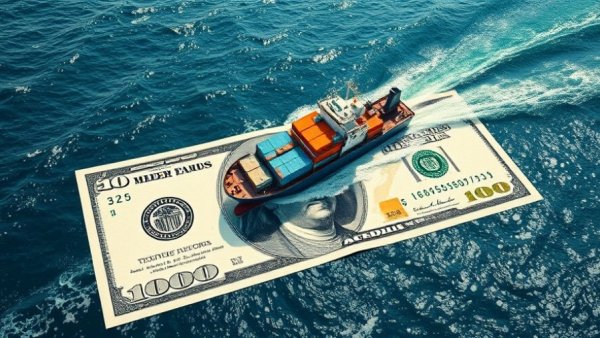 Cargo ship on giant dollar bill symbolizing tariff refunds and trade.