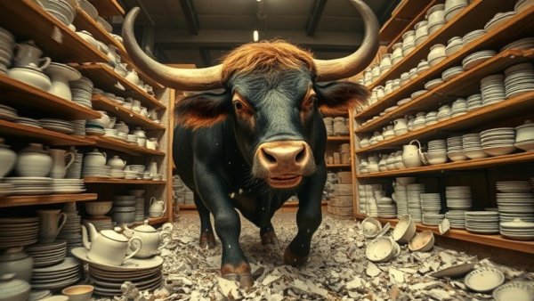Dynamic bull in a china shop symbolizing humility in leadership.