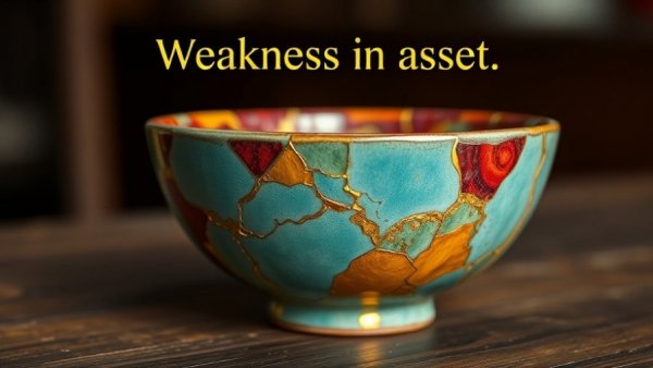 Kintsugi bowl with text 'Weakness is an asset', emphasizing beauty in flaws.