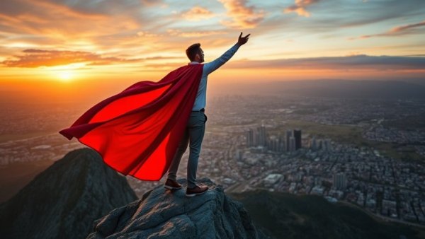 Inspiring male entrepreneur on peak, symbolizing business growth.