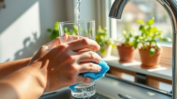 Close-up of hands washing glass with blue sponge under sunlight in kitchen.