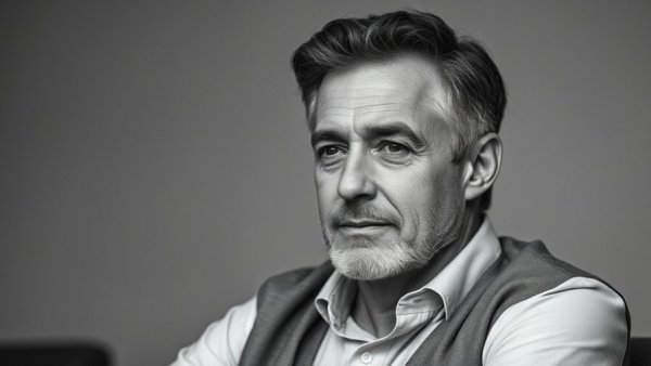 Confident man's portrait in grayscale, representing business growth.